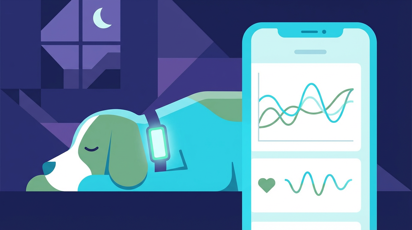 PetVoiceデバイスで愛犬の健康を見守るイラスト