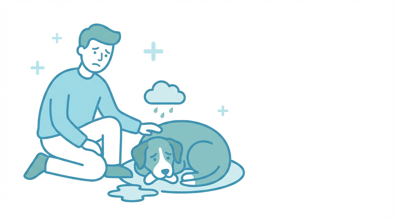 心配そうな飼い主と体調不良の犬のイラスト