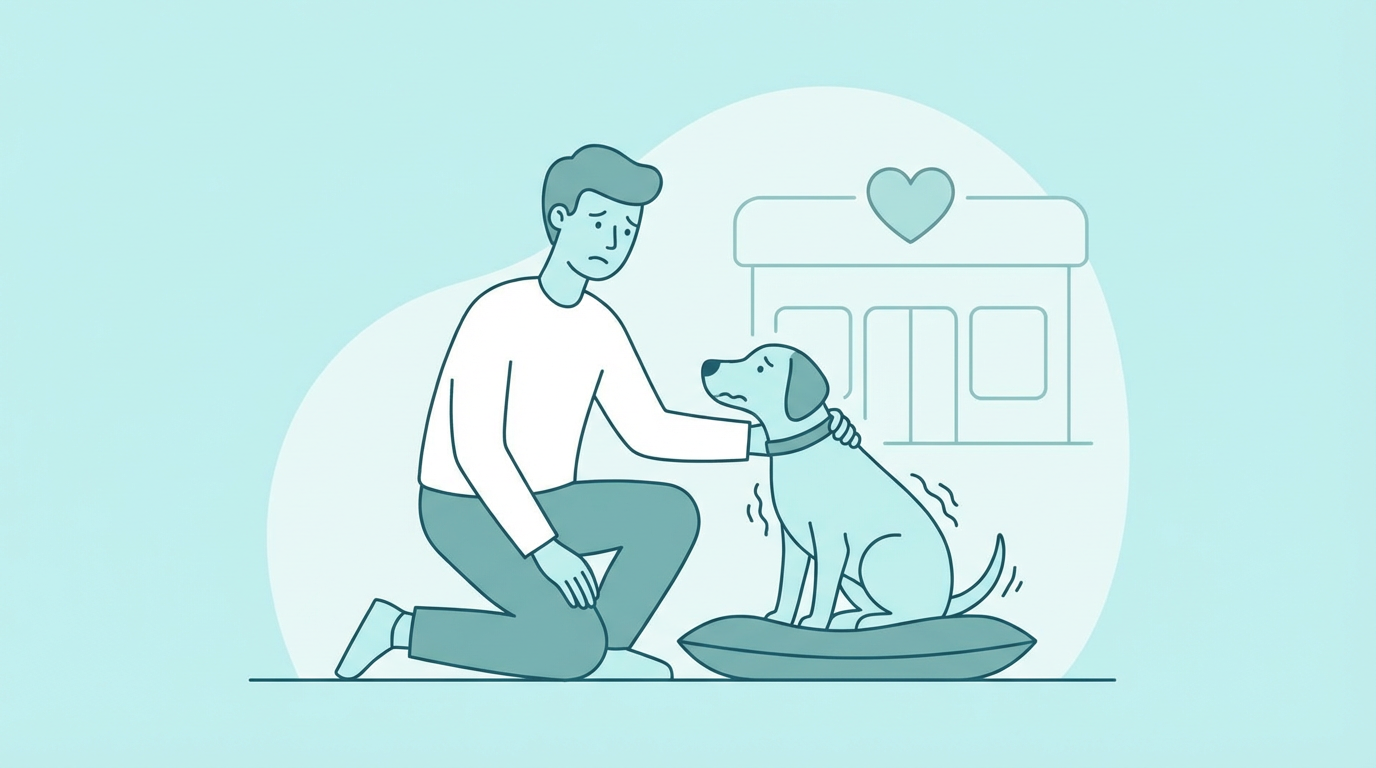 てんかん発作を起こした犬と心配する飼い主のイラスト