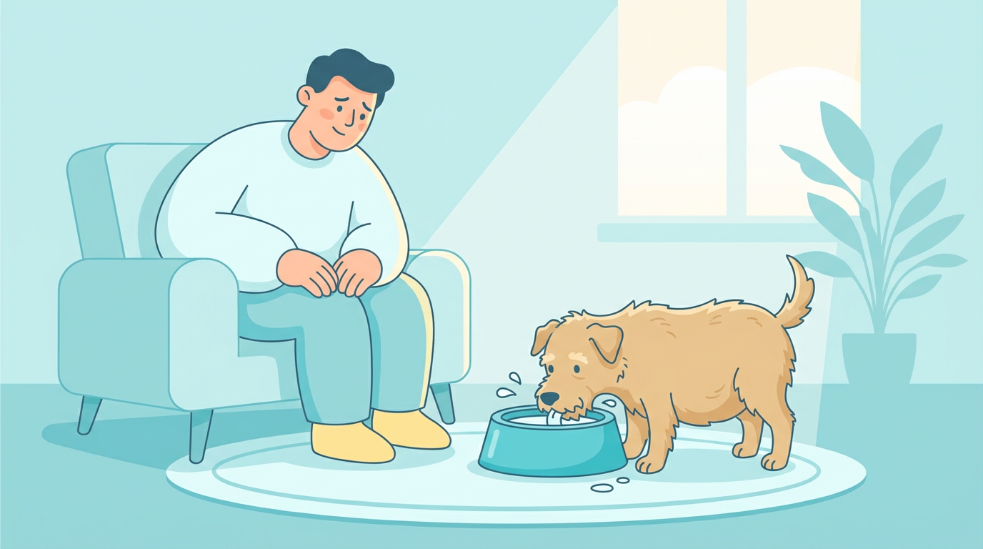 水をよく飲む犬と心配そうに見守る飼い主のイラスト