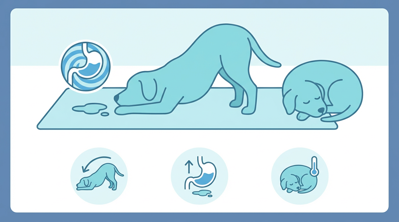 膵炎の症状を示す犬のイラスト - 祈りのポーズ、嘔吐、倦怠感