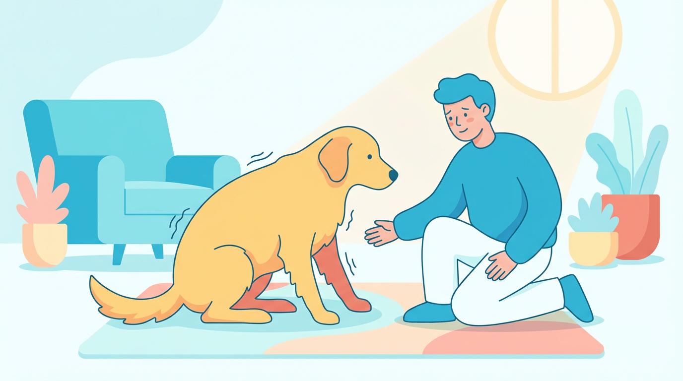 歩行に異変のある大型犬を心配そうに見守る飼い主のイラスト