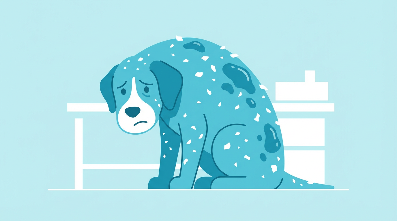 皮膚トラブルのある犬を診る飼い主のイラスト