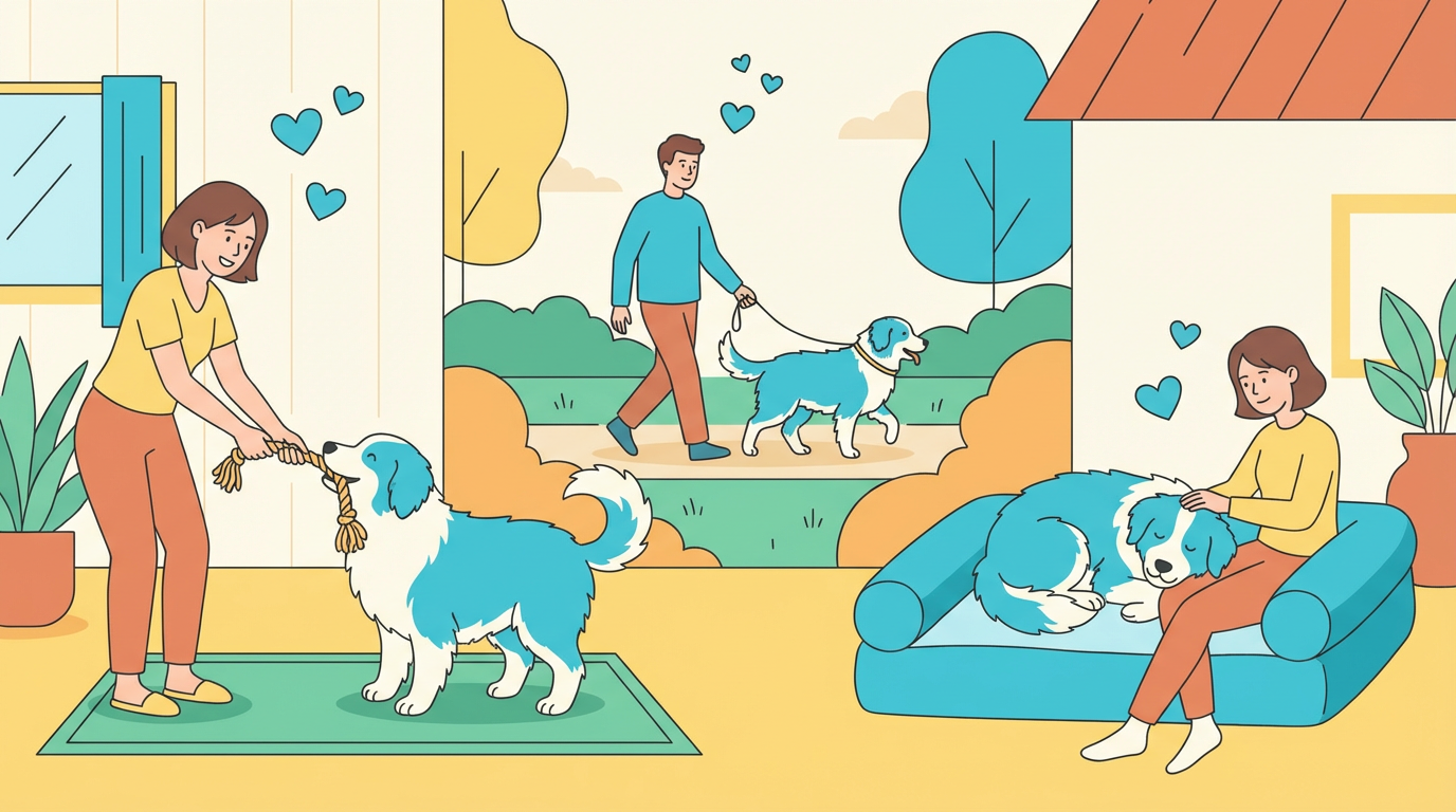 適切なケアで快適に暮らす大型犬と飼い主の幸せな姿のイラスト