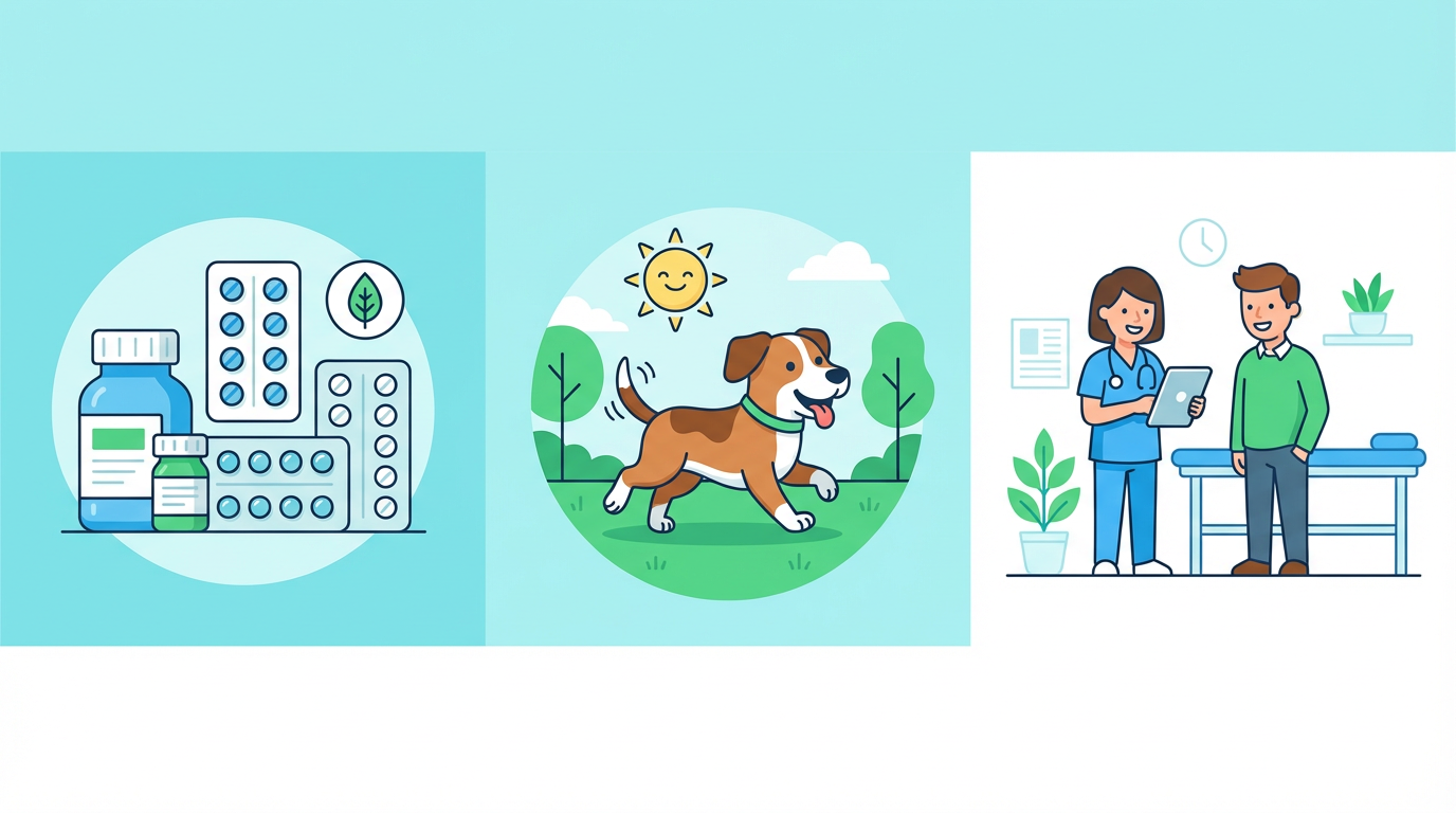 治療により元気を取り戻した犬と薬のイラスト