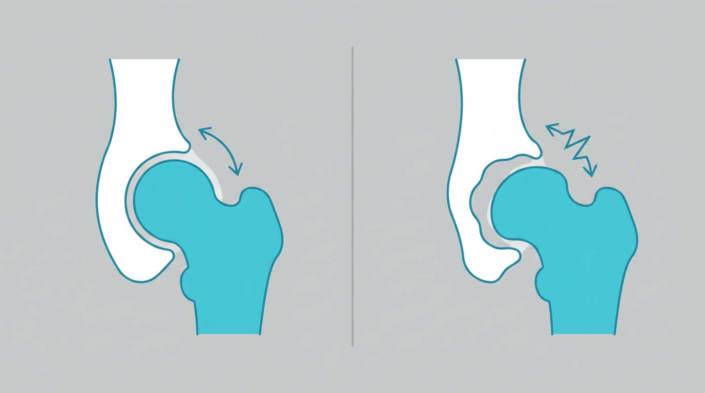犬の股関節の正常な構造と形成不全を比較した医学図解イラスト